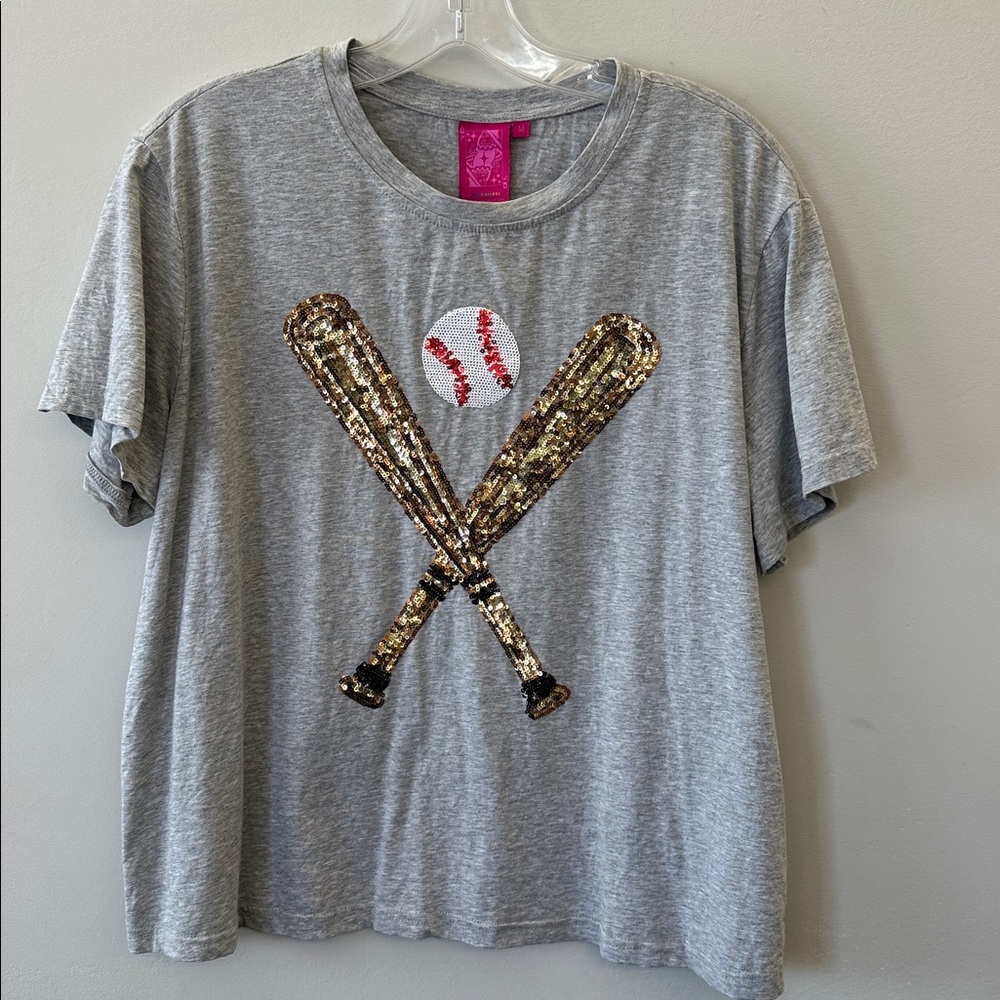 QOS Gray Tee with Gold Sequin Baseball Bats and White/Red Sequin Baseball